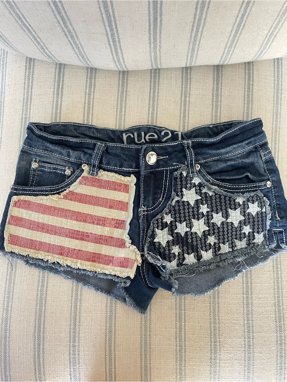 Rue 21 Low Rise Y2K American Flag Stars & Stripes Sequin Micro Denim Jean Shorts